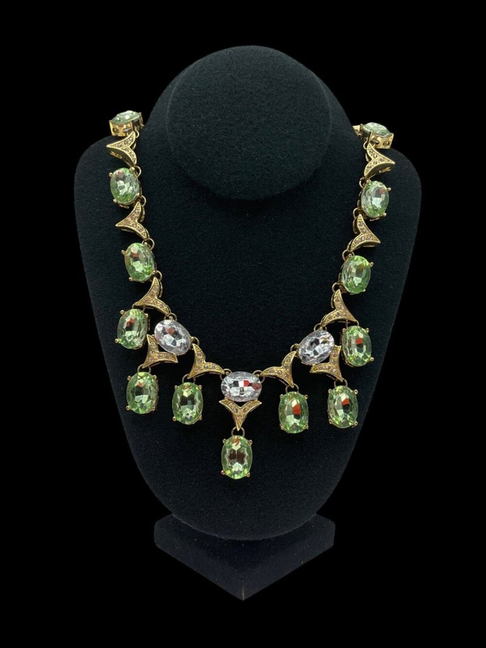 Vintage 60's Arnold Scaasi Cn Signed Gold-Tone Necklace Green Clear Crystals Adj - Picture 2 of 11